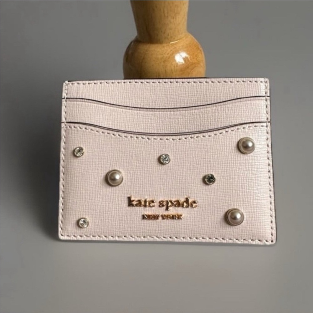 Kate Spade Purl Embellished Saffiano leather Card Case| Pale Dogwood NWT